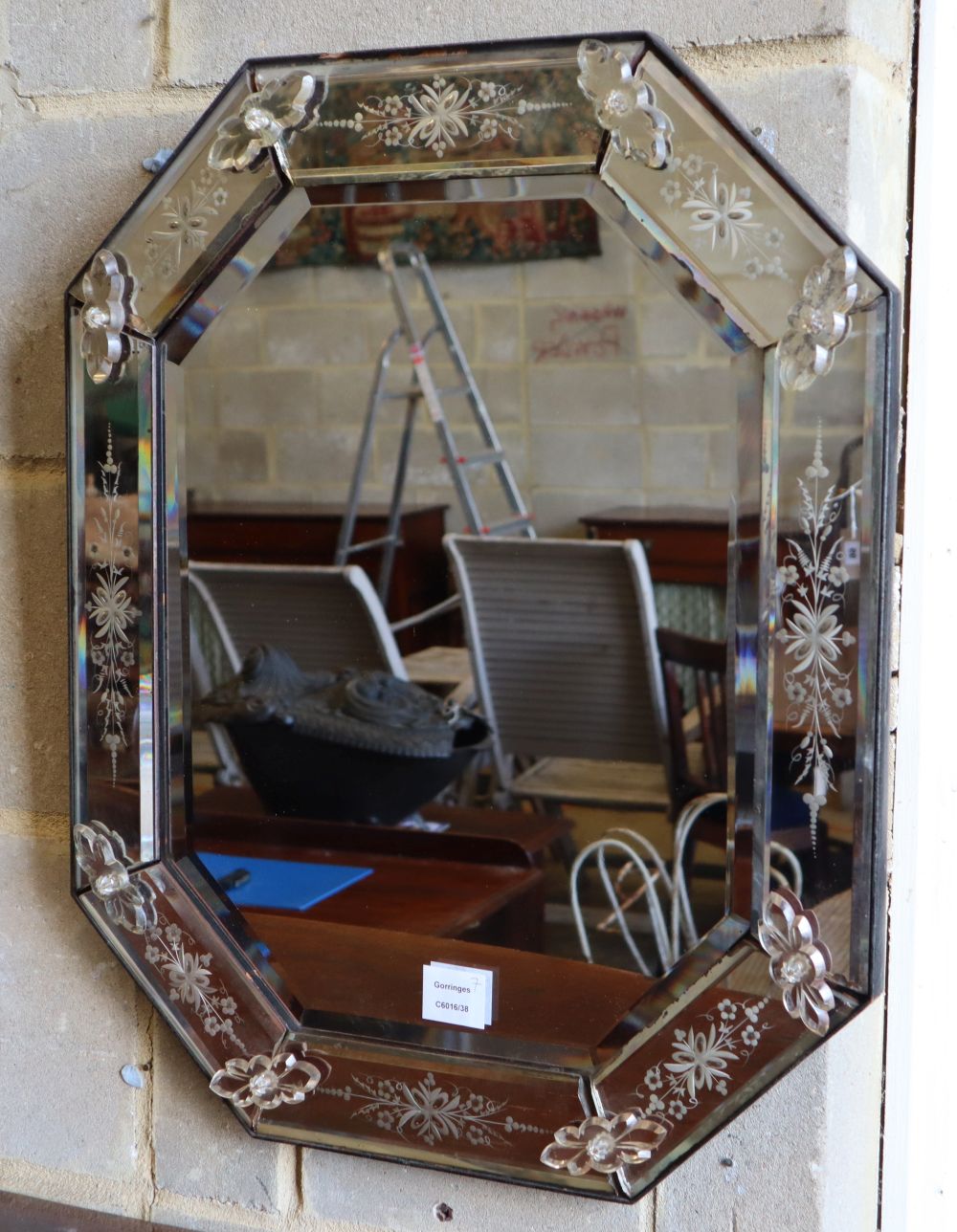 A Venetian octagonal etched glass wall mirror, W.52cm, H.63cm